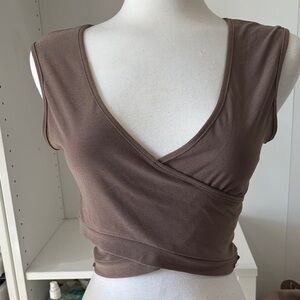 meraki Brown Wrap Crop Top with V-Neck